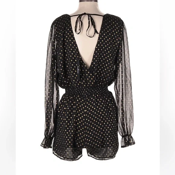 NWT Lulus Evening Gold Dot Black Chiffon Romper Medium Sheer Sleeve V-Neck - Picture 3 of 6